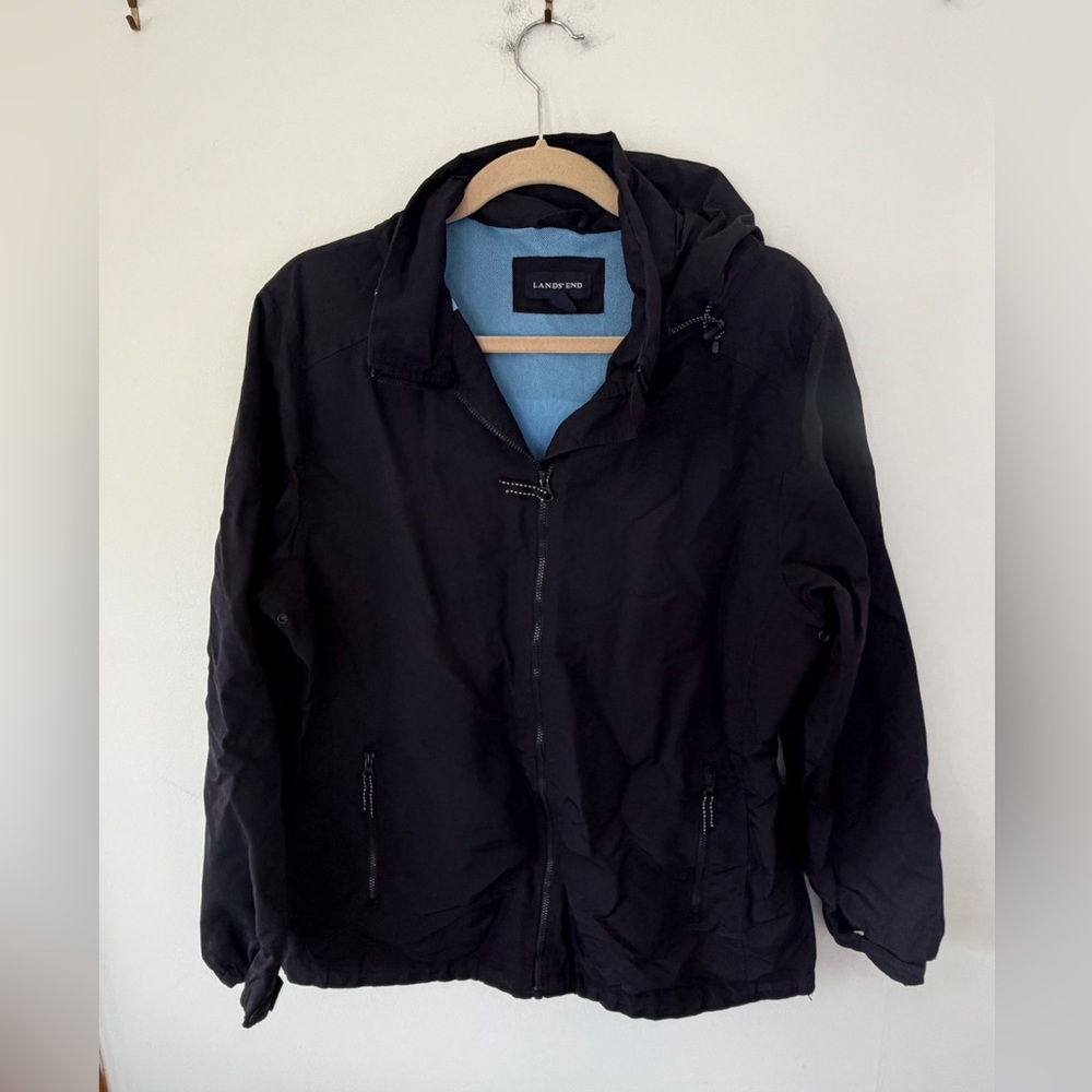 Lands' End navy Hooded Utility Jacket with Light Blue Lining